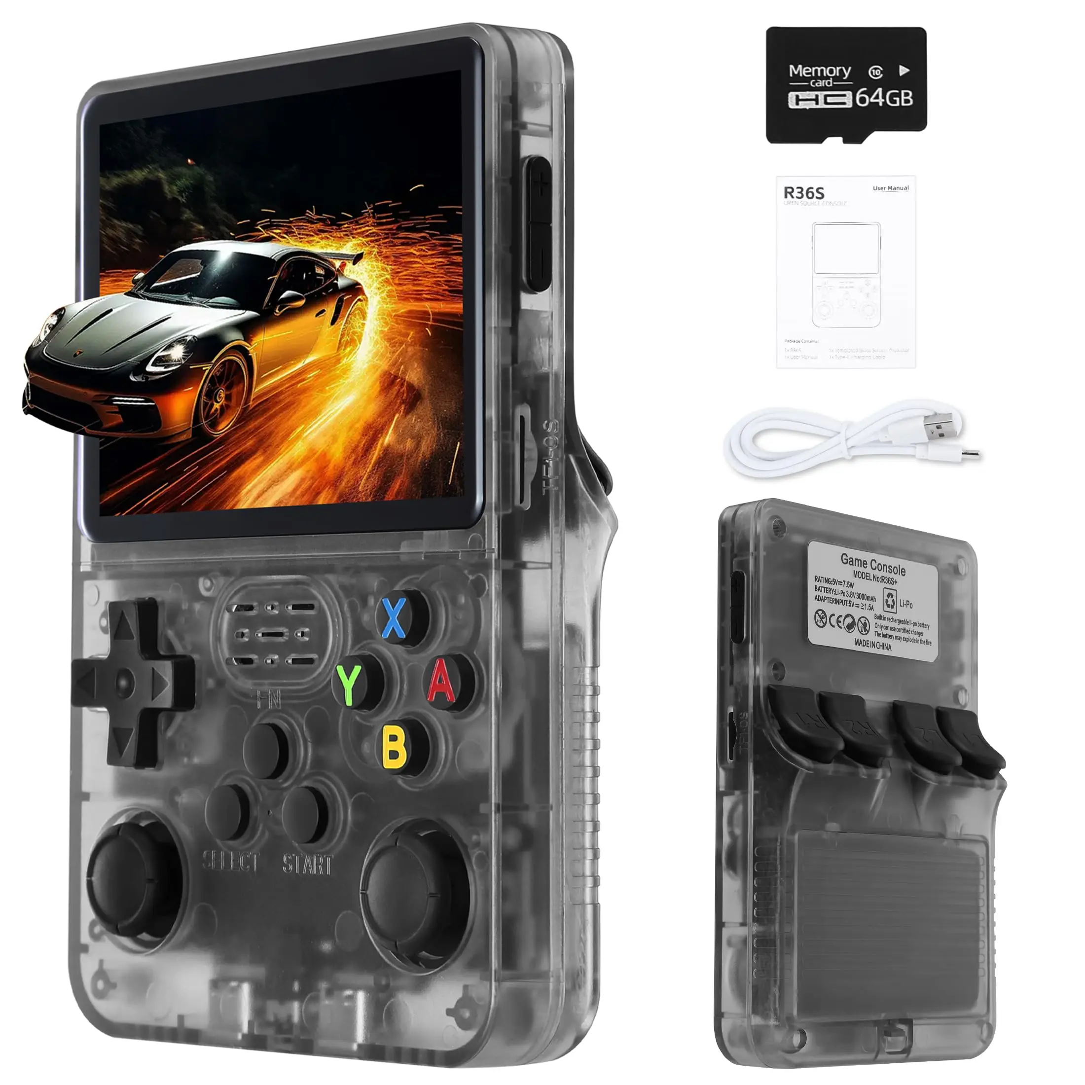 

R36S Retro Handheld Video Game Console 3.5Inch IPS Screen Portable Video Game Console 64GB 20000+ Games Arkos System