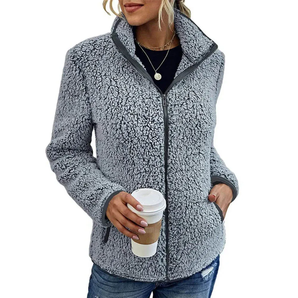 Women Winter Sherpa Sweater Fluffy Plush Teddy Fleece Zipper Jacket Faux Fur Warm Zip Cardigan Autumn Fuzzy Sweater