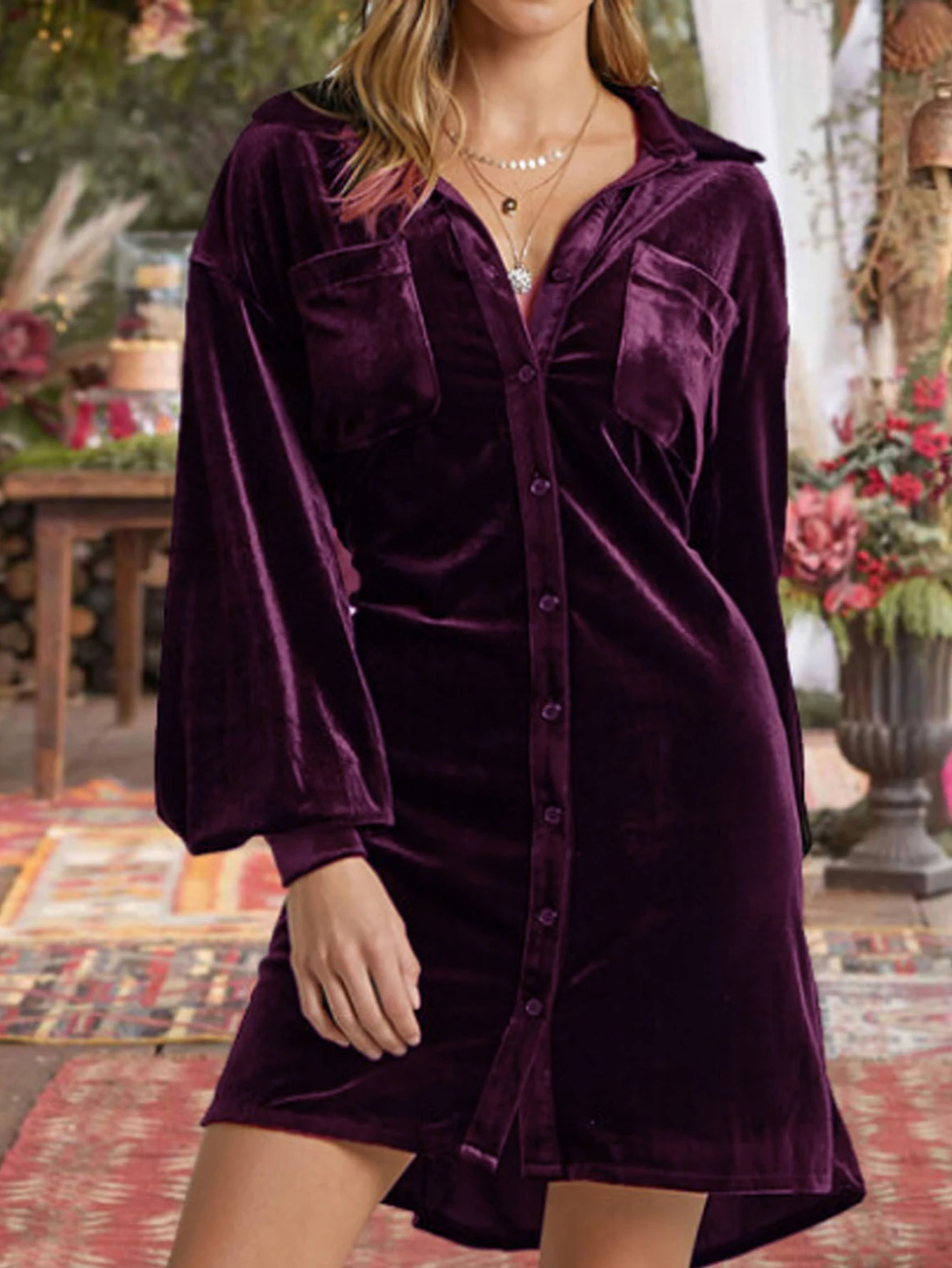 เดรสสั้นแขนยาวสำหรับผู้หญิง แฟชั่นฤดูใบไม้ร่วง สีพื้นเรียบง่าย คอเสื้อเชิ้ต สไตล์ลำลอง มีกระเป๋า