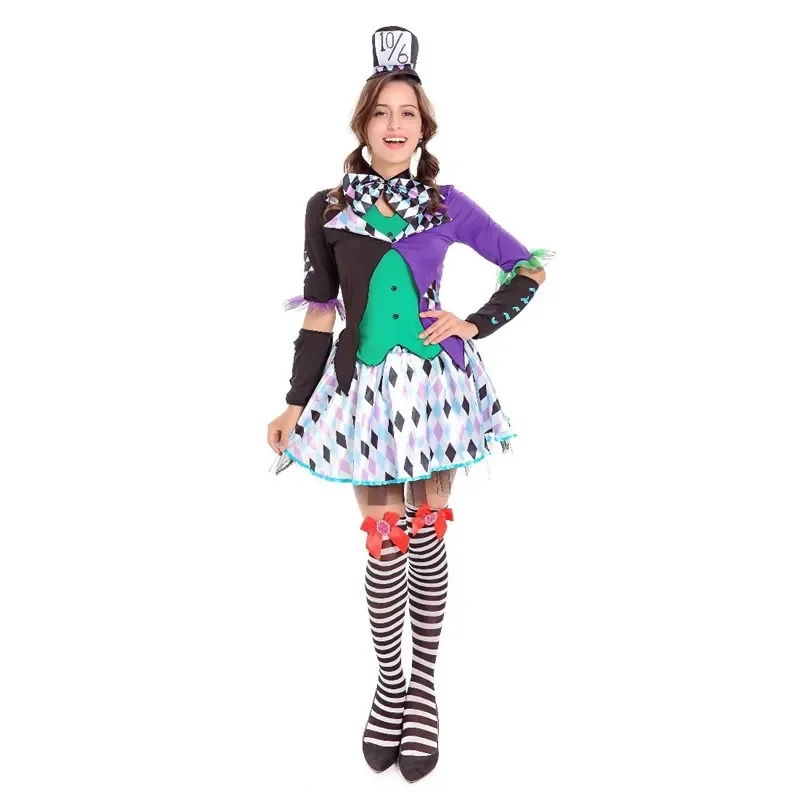 Anime Alice In Wonderland Clown Mad Hatter Maid Costume Women Halloween Carnival Party Magician Lolita cosplay Dress