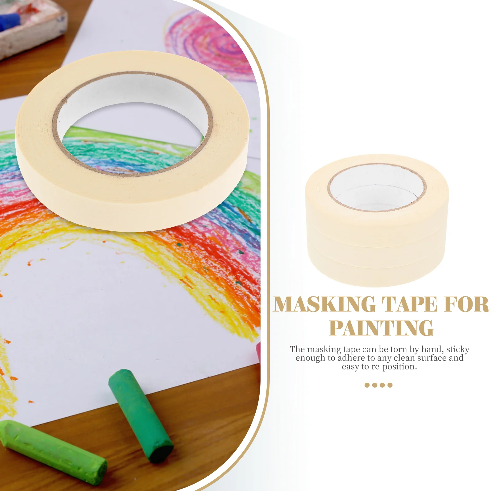 

3 Rolls White Masking Tape Paper for Painting Durable Low Tack Adhesive Multi Functional Crafts Kids Classroom Kitchen Home