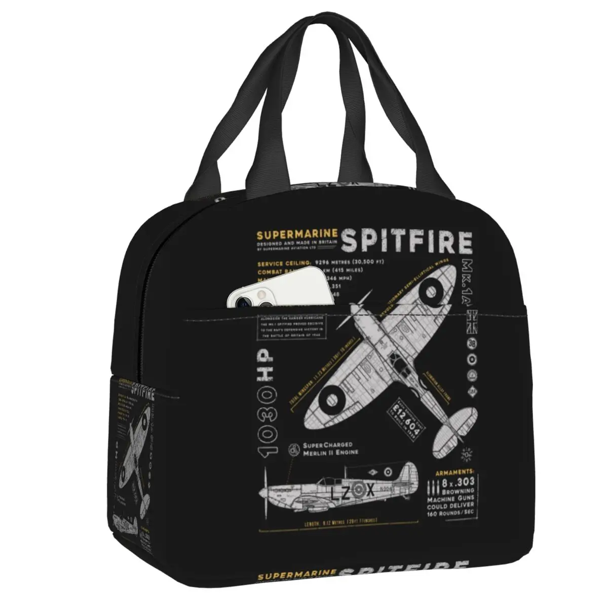 

Custom Supermarine Spitfire Insulated Lunch Tote Bag Fighter Pilot Aircraft Airplane Plane Portable Cooler Thermal Bento Box
