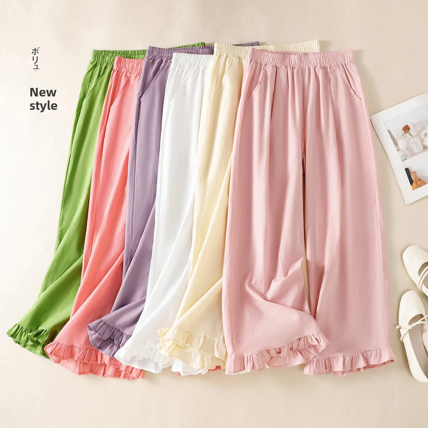 Letnie Nowe Artystyczne Retro Lniane Luźne Wyszczuplające Uniwersalne Młodzieżowe Drewniane Spodnie z Szerokimi Nogawkami Fioletowe Elastyczne w Pasie Casual