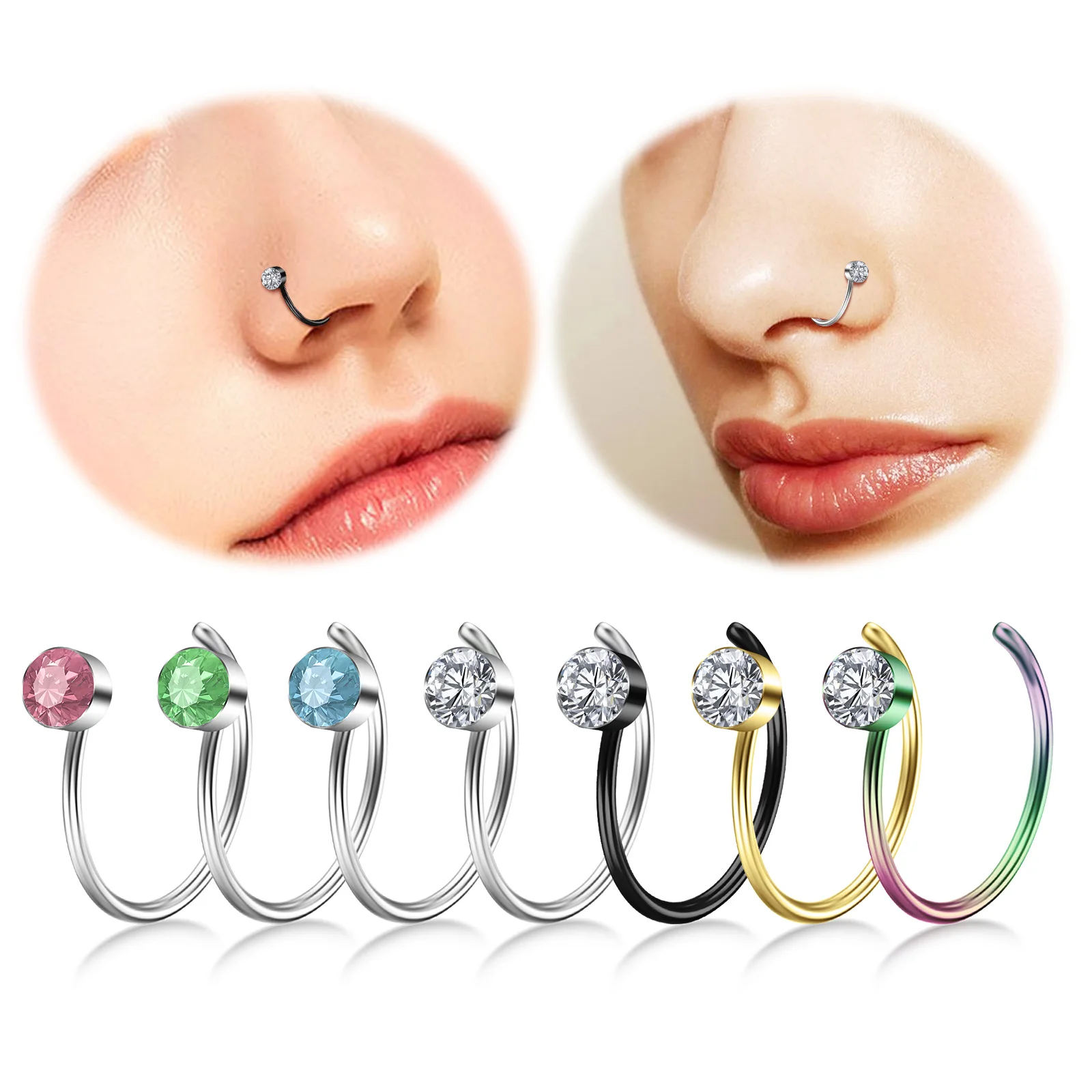 

1pc Stainless Steel Nose Piercing Colorful Diamond Inlaid Nose Ring Nose Clip Earrings Punk Body Piercing Jewelry for Woman