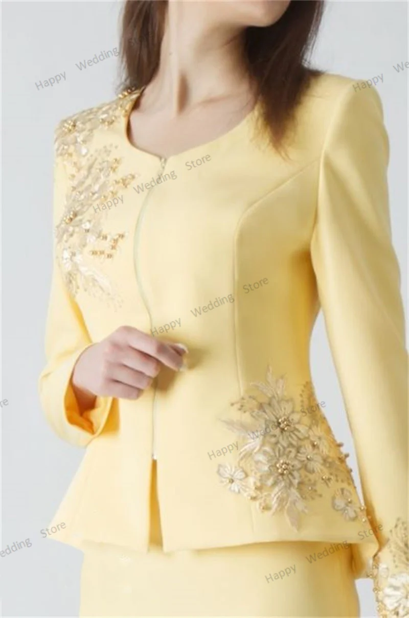 Yellow Mother Guest Prom Dress Women Suits Set For Wedding  2 Pieces Blazer+Short Skirt Appliqued Beads Elegant Jacket Customize