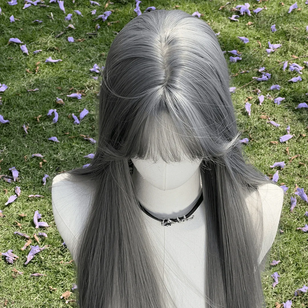 Grandma Gray Wig Stylish And Elegant With A Natural-looking Air Bangs And Long Straight Hair Seamless Realistic Full Hair Wig