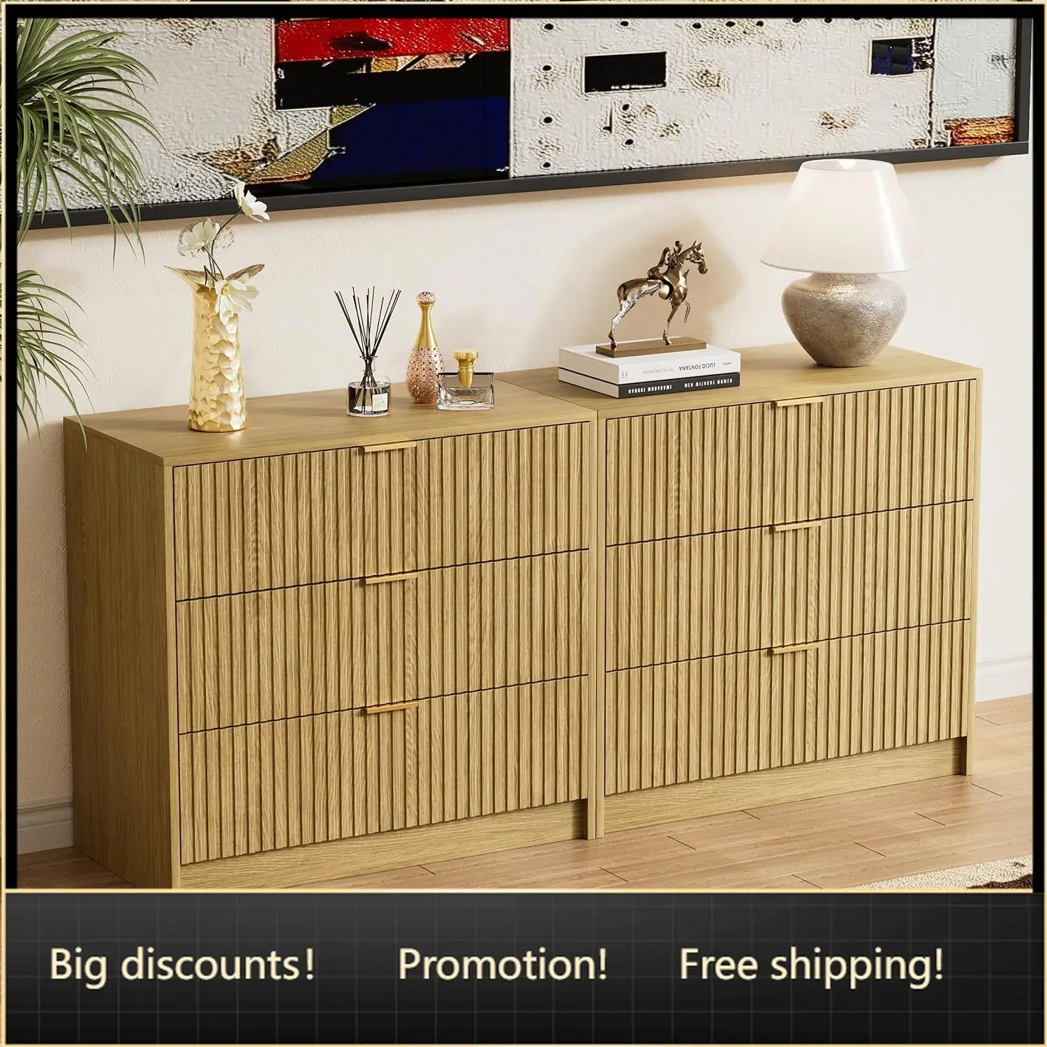 Mid Century Modern Dresser for Bedroom, 3 Drawer Wood Dresser with Fluted Front and Gold Handles, Chest of Drawers for Living Ro
