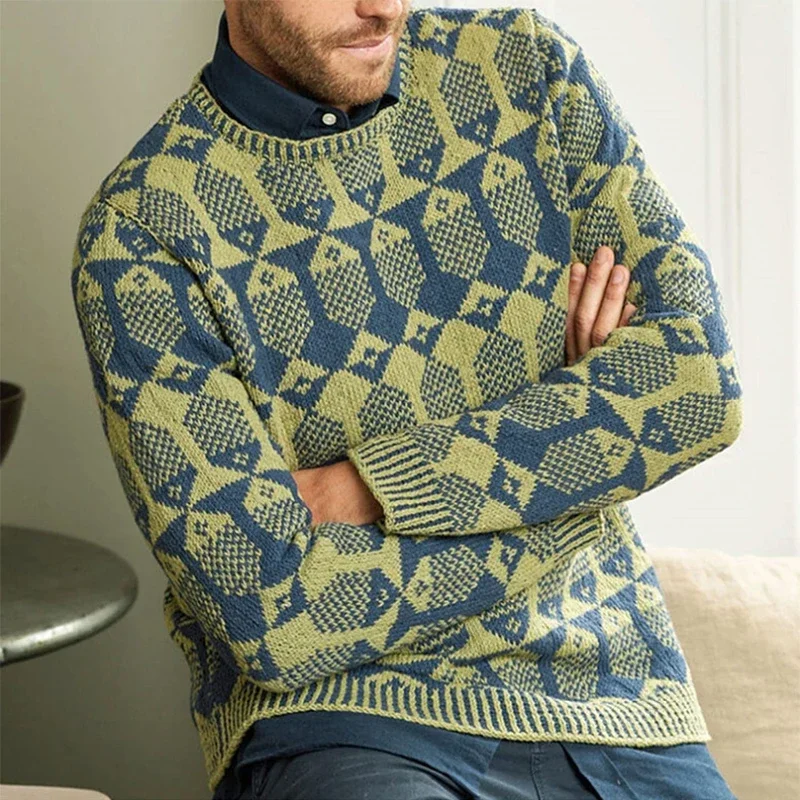 Jersey de punto de manga larga con cuello redondo para hombre, Tops Vintage, Jacquard geométrico, suéteres sueltos de moda, Otoño e Invierno