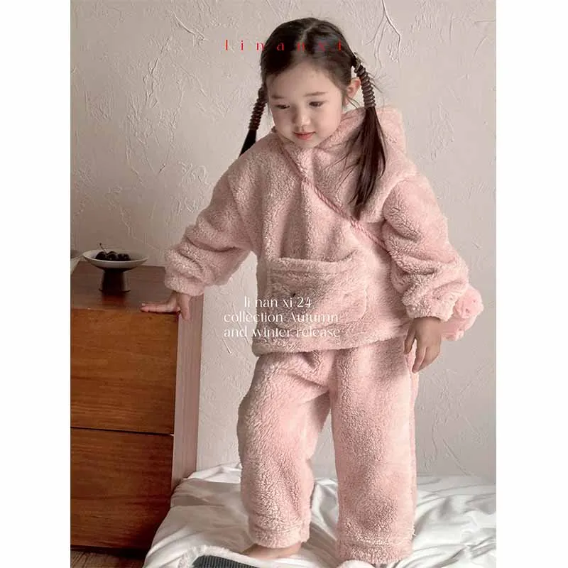 Girls Plush Sets Children's Winter Thicken Suit New Homewear Outfits Kids Double Fleece Cartoon Pyjamas 2Pcs Baby Casual Clothes