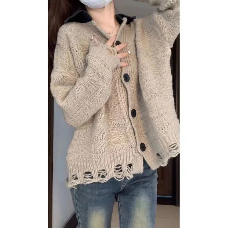 Fashion Hole Turn-down Collar Knitting Cardigan Coat Women Autumn Winter Simplicity Sweater Casual Office Lady Knitwear Tops
