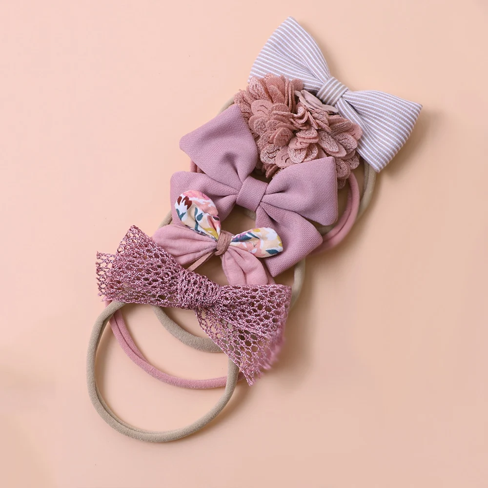 5Pcs/Set Pink Baby Girl Headband Nylon Bow Flower Princess Hair Bands for Newborn Girls Elastic Kids Headwear Hair Accessories