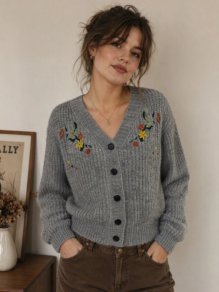 autumFloral Embroidery Knit Cardigan Women 2026 V Neck Single Breasted  Long Sleeve Sweater Coats