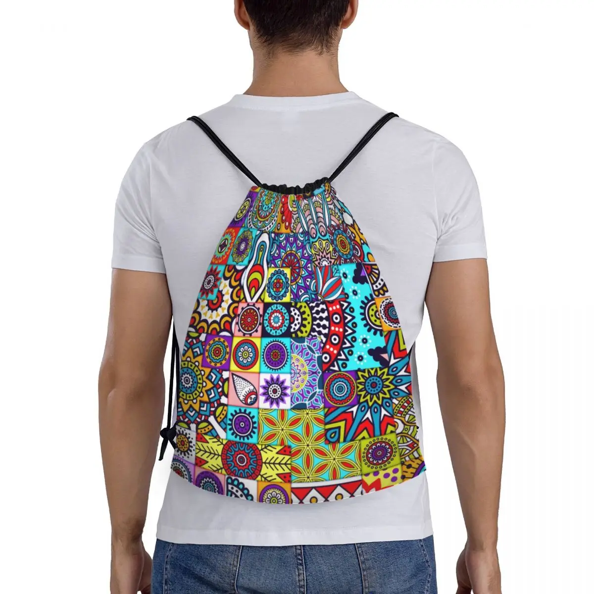 Custom African Ethnic Geometric Floral Design Drawstring Backpack Sports Gym Bag for Men Women Colorful Ankara Shopping Sackpack