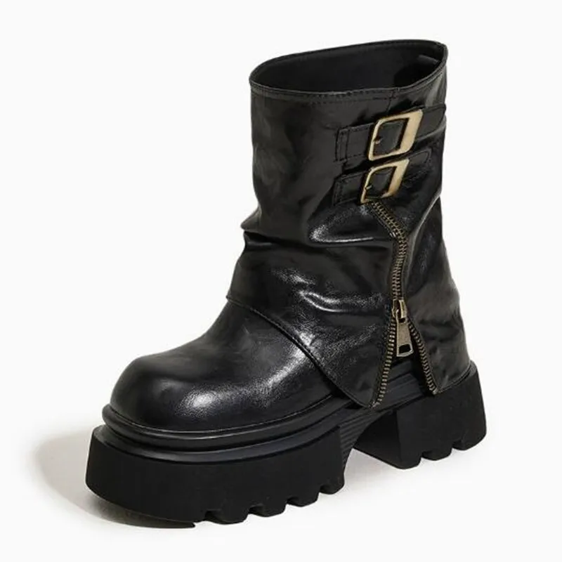 

Женские ботинки на высокой платформе 10 см, модель 2026, с пряжкой, в стиле панк, на молнии, кожаные мотоботинки, высота голенища средняя