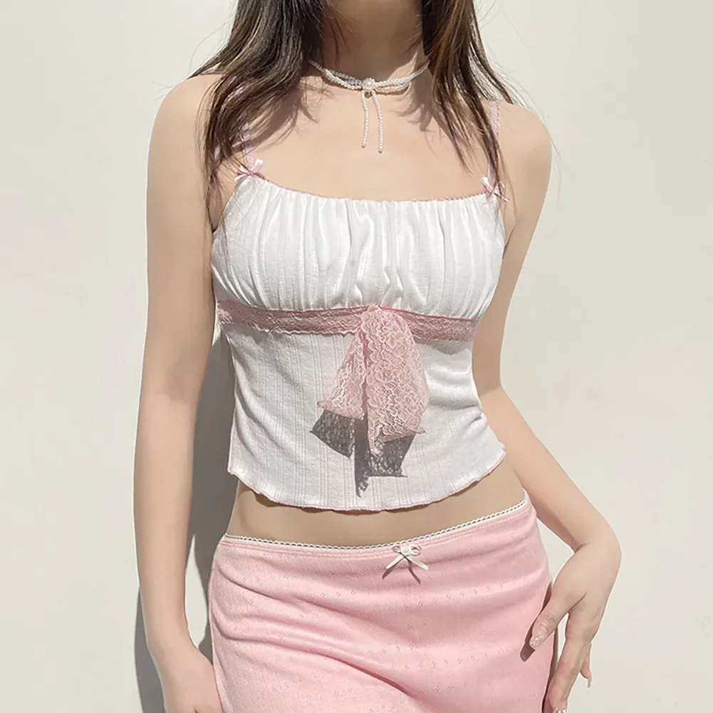 

Women Summer Crop Top Spaghetti Strap Pleated Bustier Cami U-neck Lace Bow Tank Top Going Out Camisole