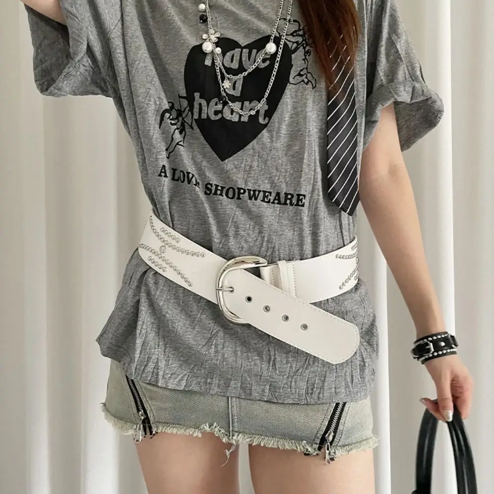 

Retro Korean Women's Waist Belt Y2k Leather Rivet Wide Belt Punk Gothic Dress Jeans Belt Skirt Accessory