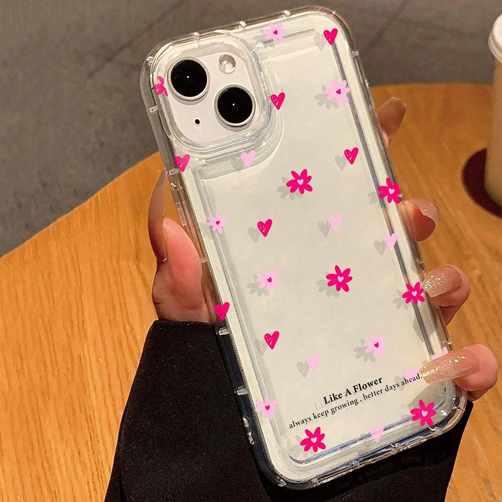 Pink Flowers Heart Print Clear Phone Case For iPhone 17 Cases iPhone 16 15 14 13 12 11 Pro Max 16E XS X XR 7 8 Plus 17 Air Cover