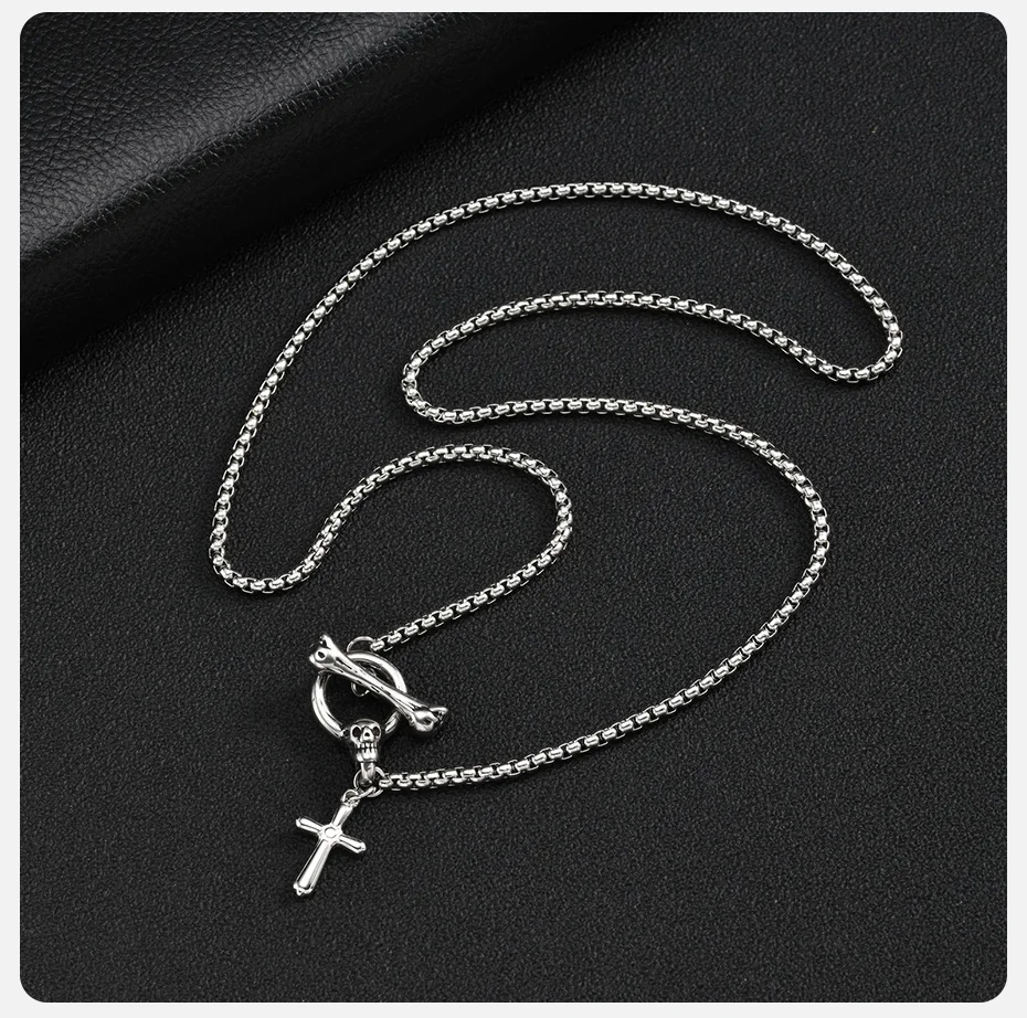 Vnox Totenkopf-Halskette mit Kettenschließe und Kreuzanhänger für Herren, Edelstahl-Boxkette, Gothic-Punk-Hip-Hop-Schmuck, Geburtstagsgeschenk – Detail 6