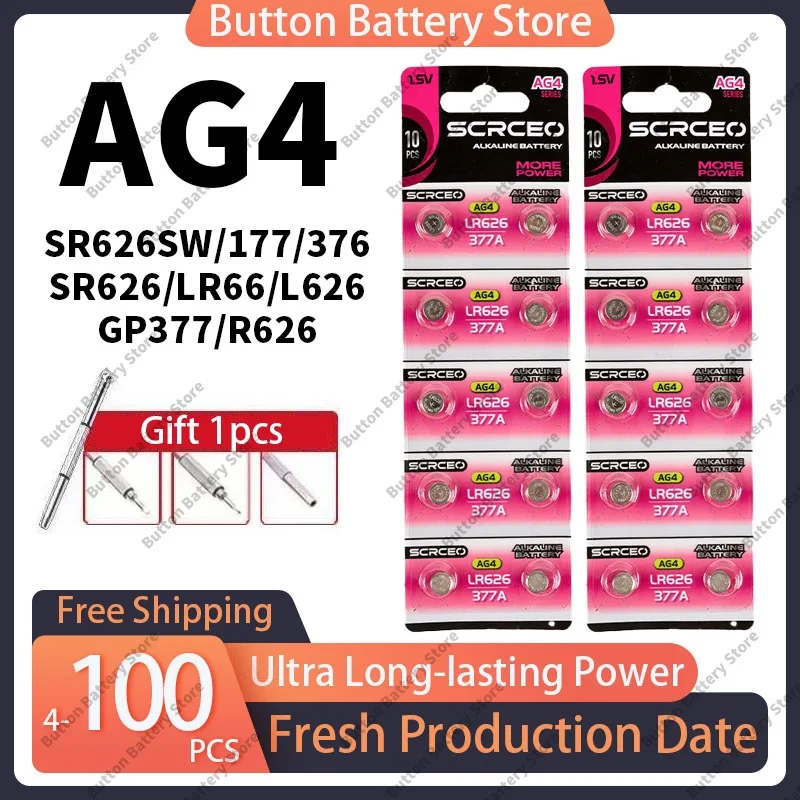 

SCRCEO AG4 (SR626SW/LR626/377A) 1.5V Button Cell Batteries - Alkaline Long Life - for Watches, Toys, Thermometers - 4-100PCS