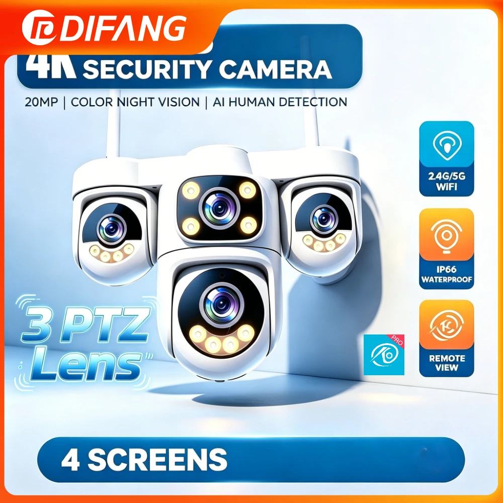 2.4G 5G Dual Band WiFi 20MP 3 PTZ Camera 4 Screen 5X Zoom Outdoor Wireless Home Security CCTV Surveillance Cam