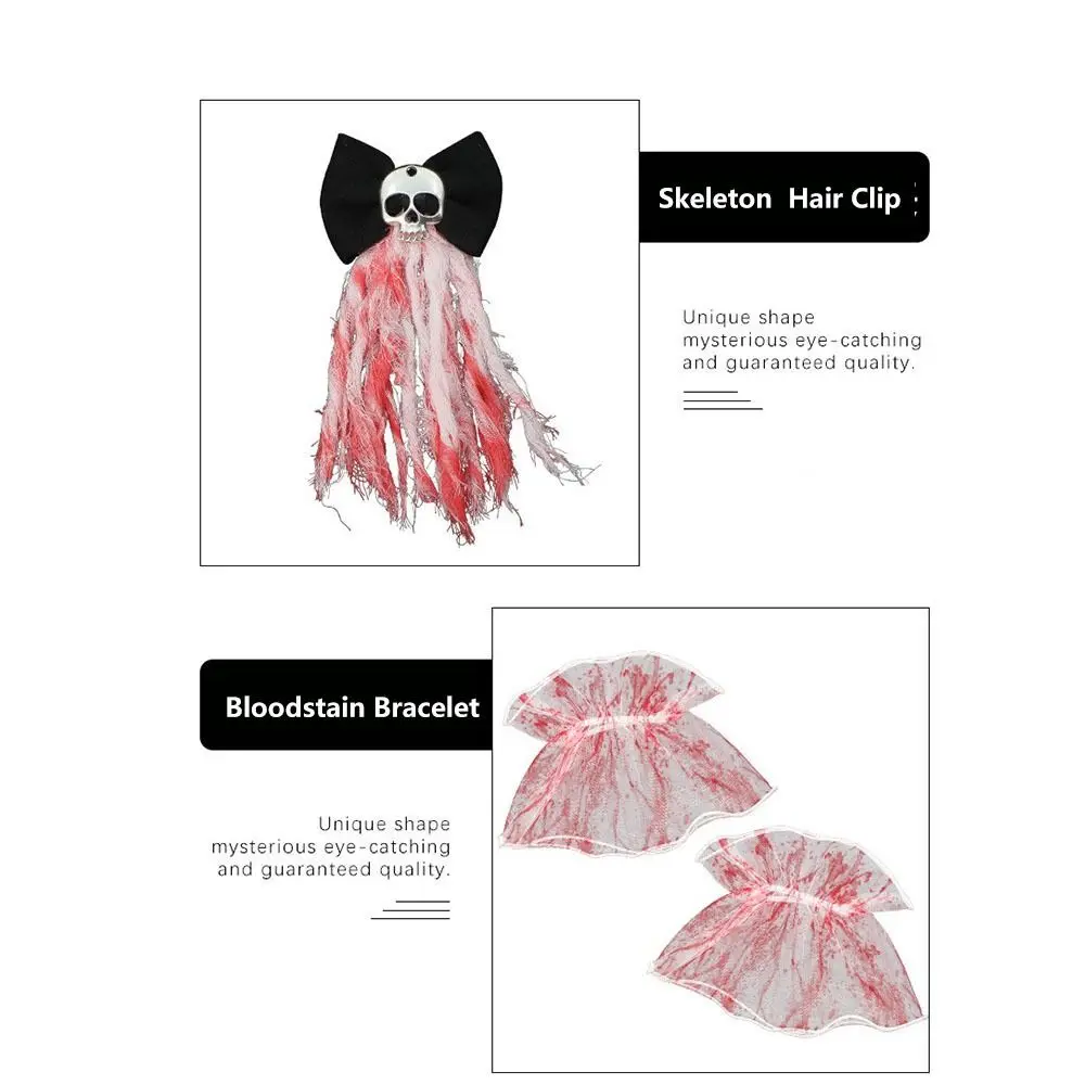 Rose Halloween Bridal Headwear Gothic Dark Hairpin Lace Hair Clip Bracelet Bloodstain Skeleton Ghost Bride Set Cosplay Prop