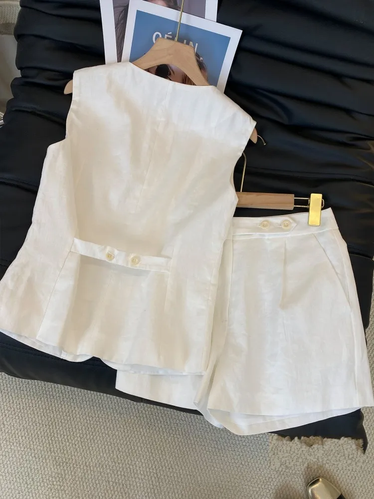 Women Summer Linen Thin Sets Casual Sleeveless Single Breasted O-Neck Vest Outfits Daily Above Knee Length Shorts Two-Piece Set