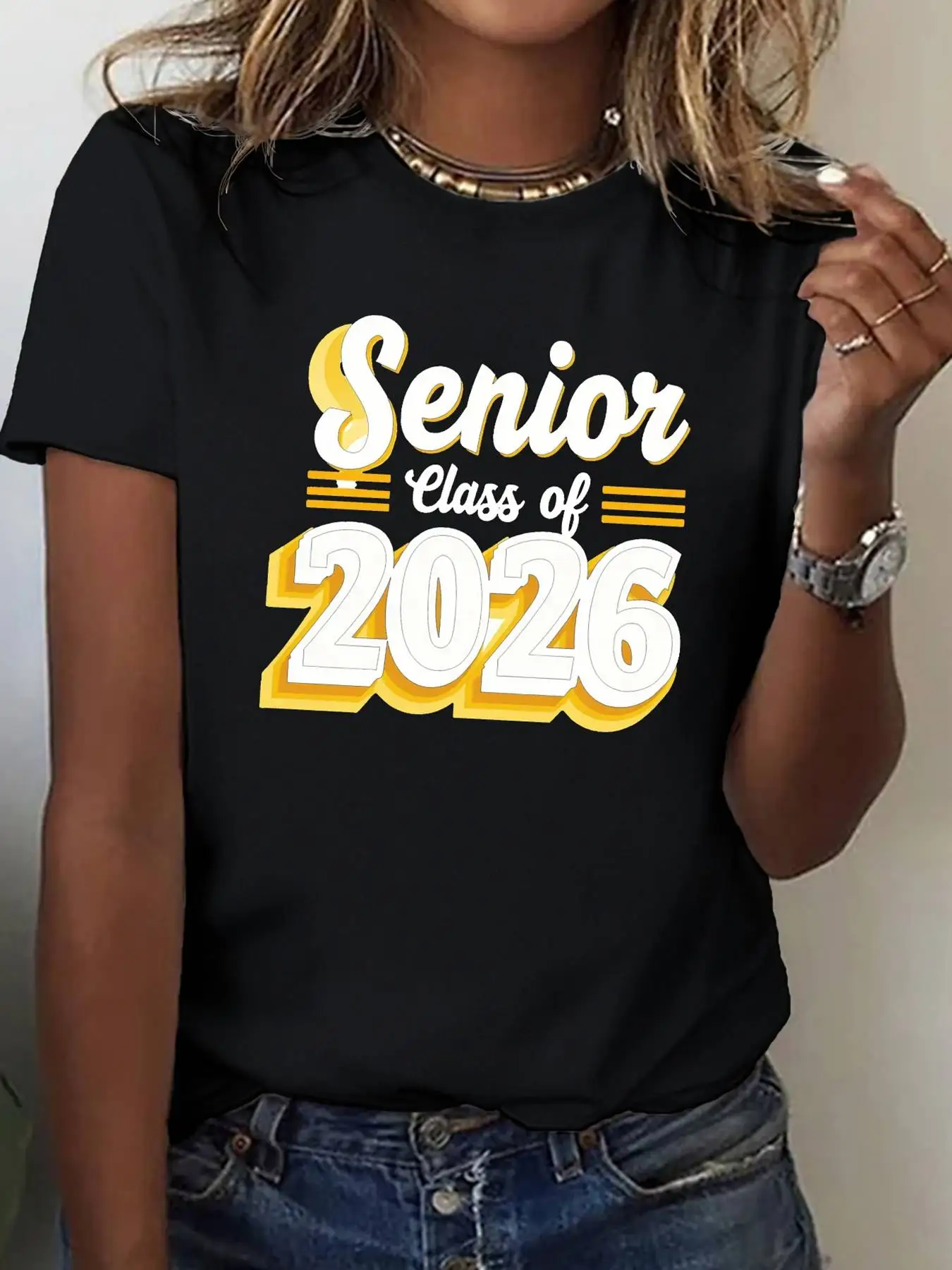 Black Womens 2026 Senior Class Graduation Shirt Bold Yellow Retro Text Graphic Tee Loose Fit Crewneck Casual Top