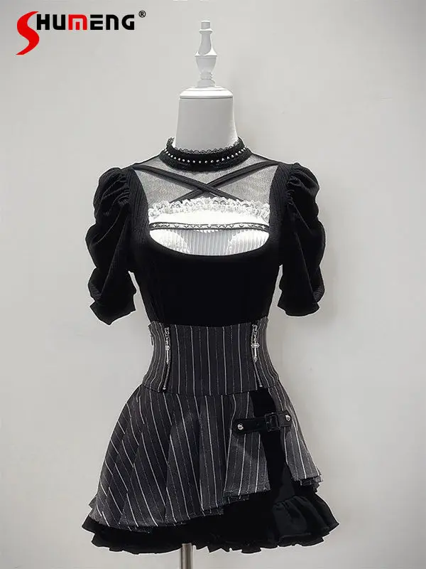 

New Spring Summer Sweet Cool Skirt Set Girls Women Japanese Slim-Fit and Slimming Short-Sleeve Top and Striped Skirt 2-Piece Set
