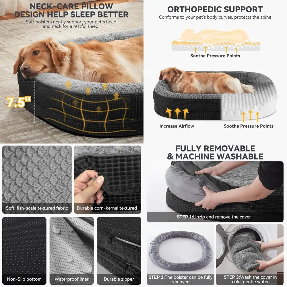 

Ортопедическая лежанка для собак XL из пены с эффектом памяти, с бортиками, водонепроницаемым покрытием, съемным чехлом и нескользящим основанием, черная