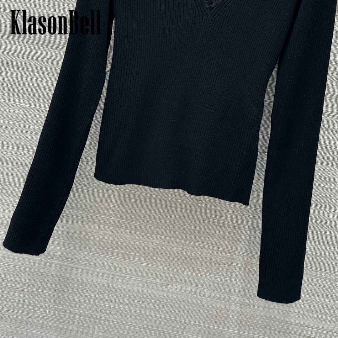 9.28 KlasonBell Fashion Sexy Lace Spliced Deep V-Neck Slim Knitwear Black All-matches Subcoating Wool Sweater Women