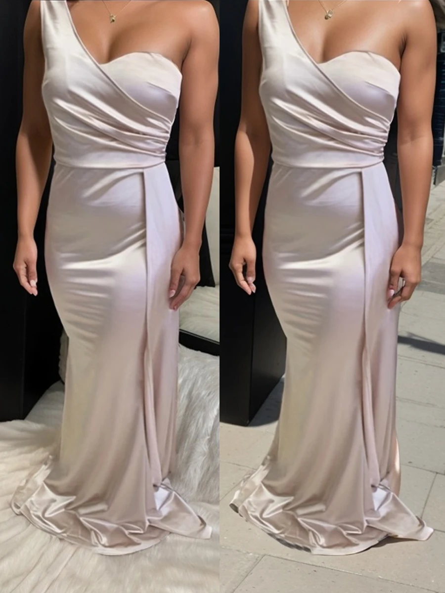 Romagic Elegant One Shoulder Bridesmaid Dress Wedding Party Satin Stretchy Ribbon Ruched Luxury Mermaid Evening Prom Dresses