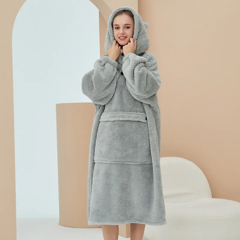 Unisex Robes Men Winter Dressing Gown Winter Warm Fleece Robe Pullover Hooded Women Winter Dressing Gown Robes Soft Bathrobe