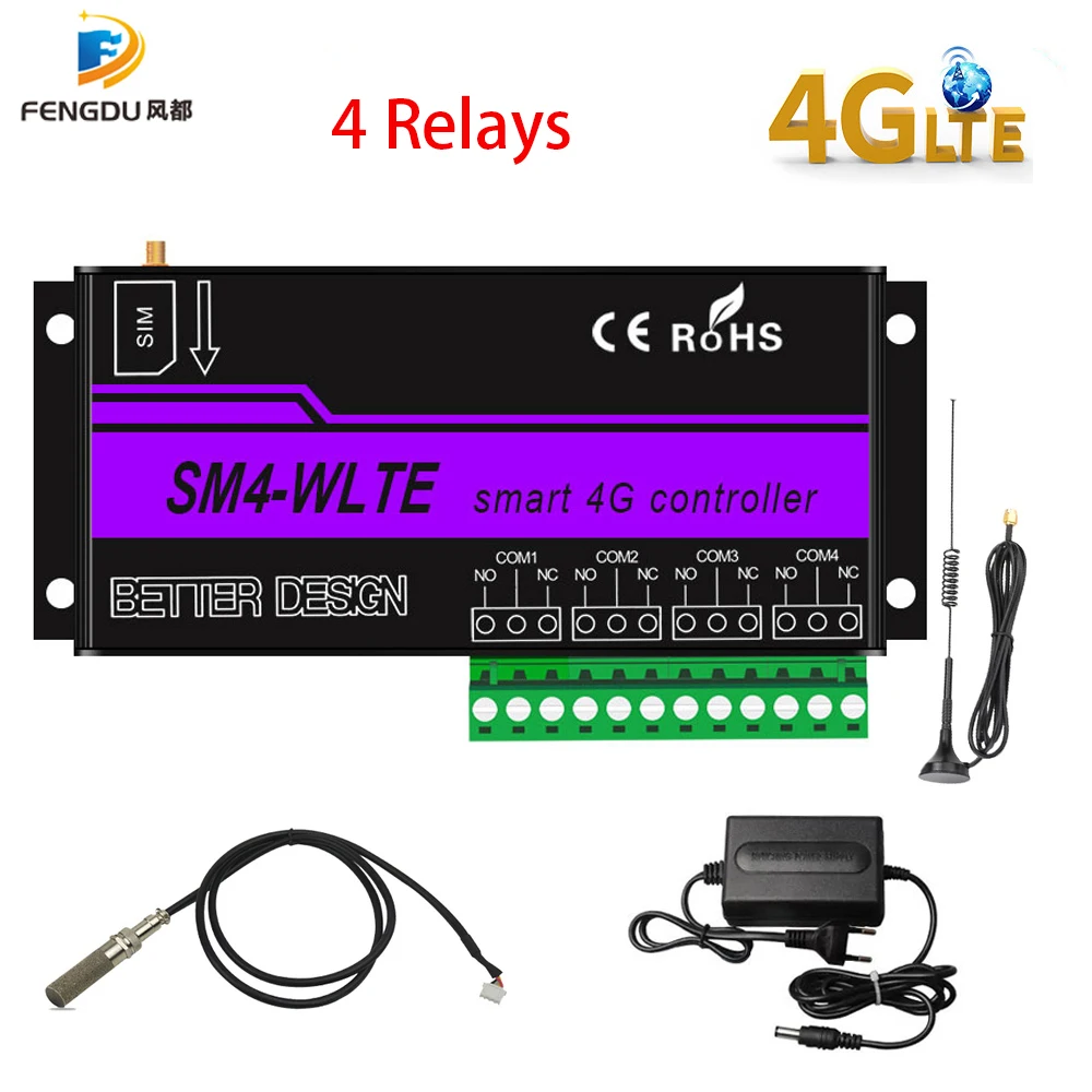 

4G LTE FDD 2G GSM SMS Smart Remote 4 Channel Relay Controller Relay ON/OFF I/O Output Switch For Shutter Garage Gate Opener