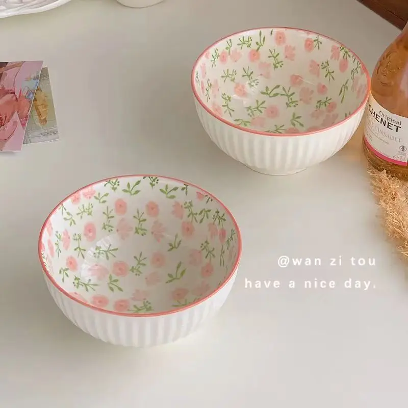 Korean Rice Bowl Plate Bowl Good-looking Instagram Mesh Red Ceramic Dessert Bowl Girl Heart Cute Spoon Dormitory Couple Home