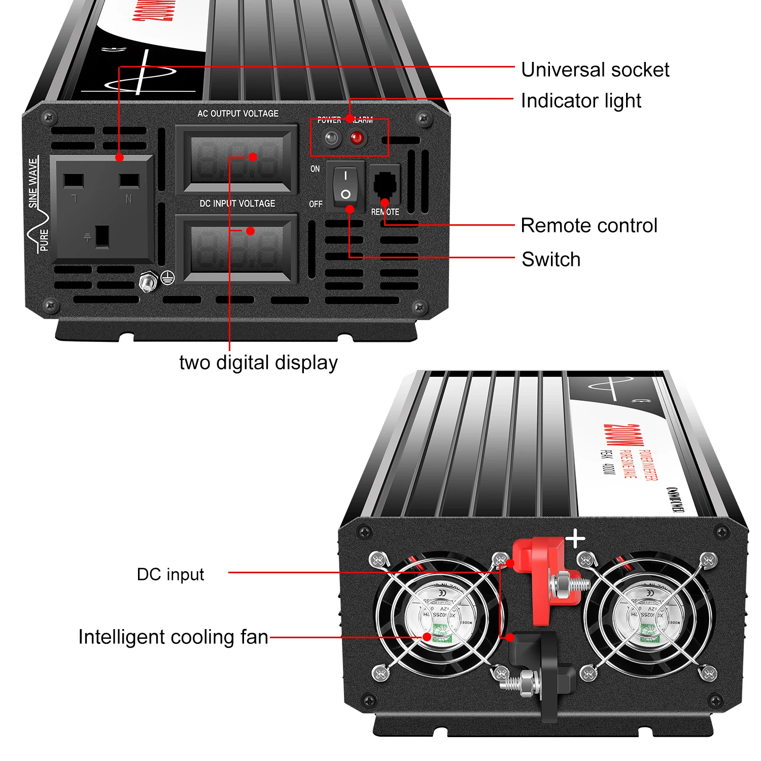 Pure sine wave solar power car inverter 2000W swipower supplier off grid 12V/24V/48V DC to 110V/220V AC for UK socket