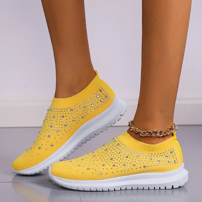 Shining Crystal Flats Shoes for Women Plus Size Breathable Mesh White Sneakers Woman Spring Summer Soft Sole Sports Shoes