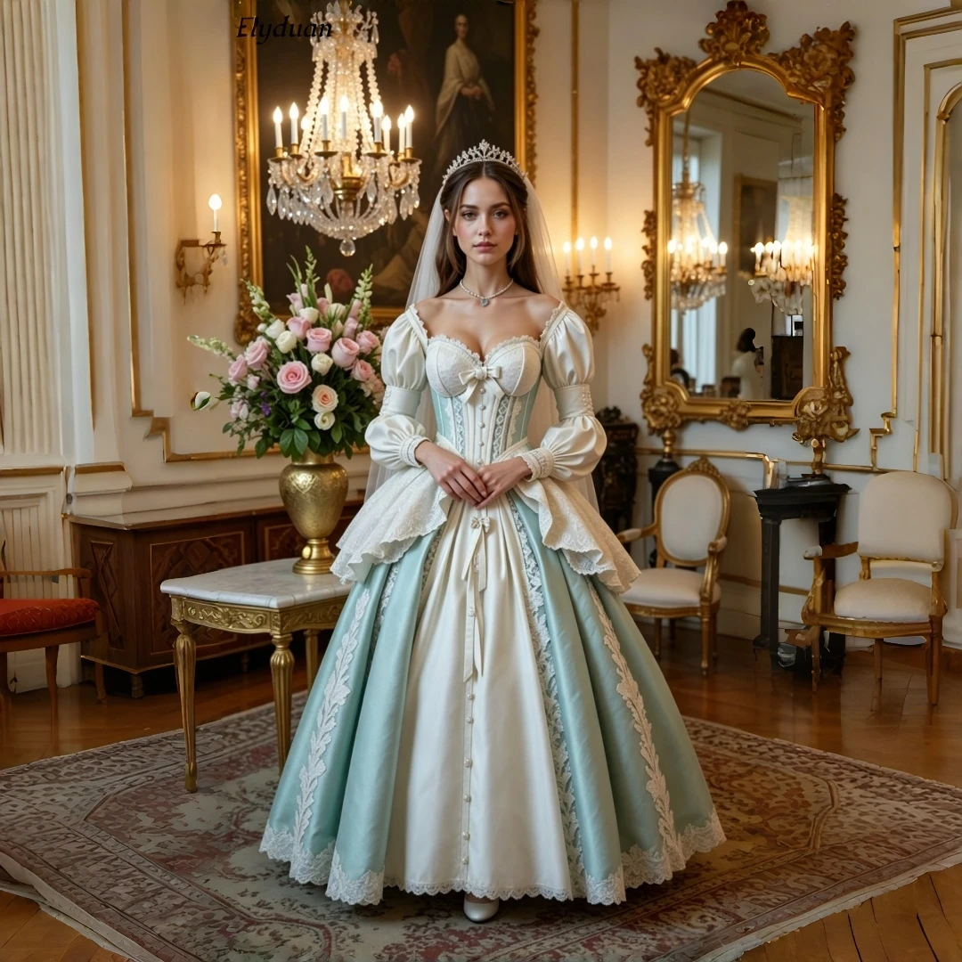 

Vintage Renaissance Prom Dress Mint Green Ivory Ball Gown Long Puff Sleeve Corset Victorian Bridal Wedding Gown Customized