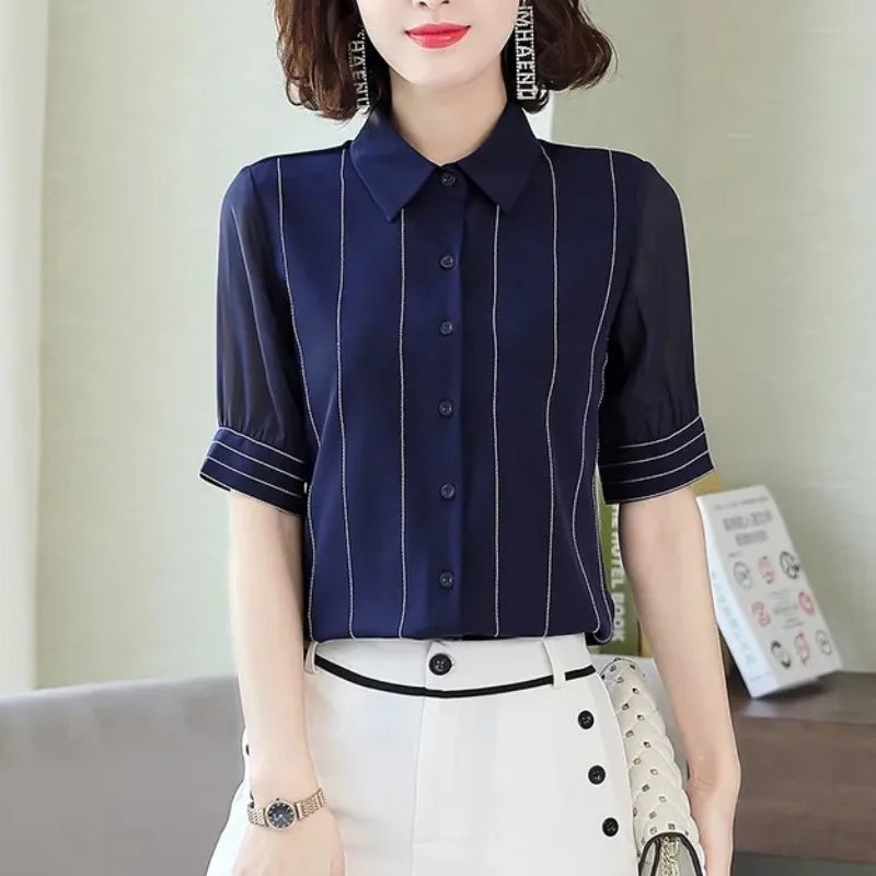 Women\'s Clothing Turn-down Collar Solid Color Summer Striped Button Cardigan Short Sleeve Shirt Formal Elegant Korean Tops