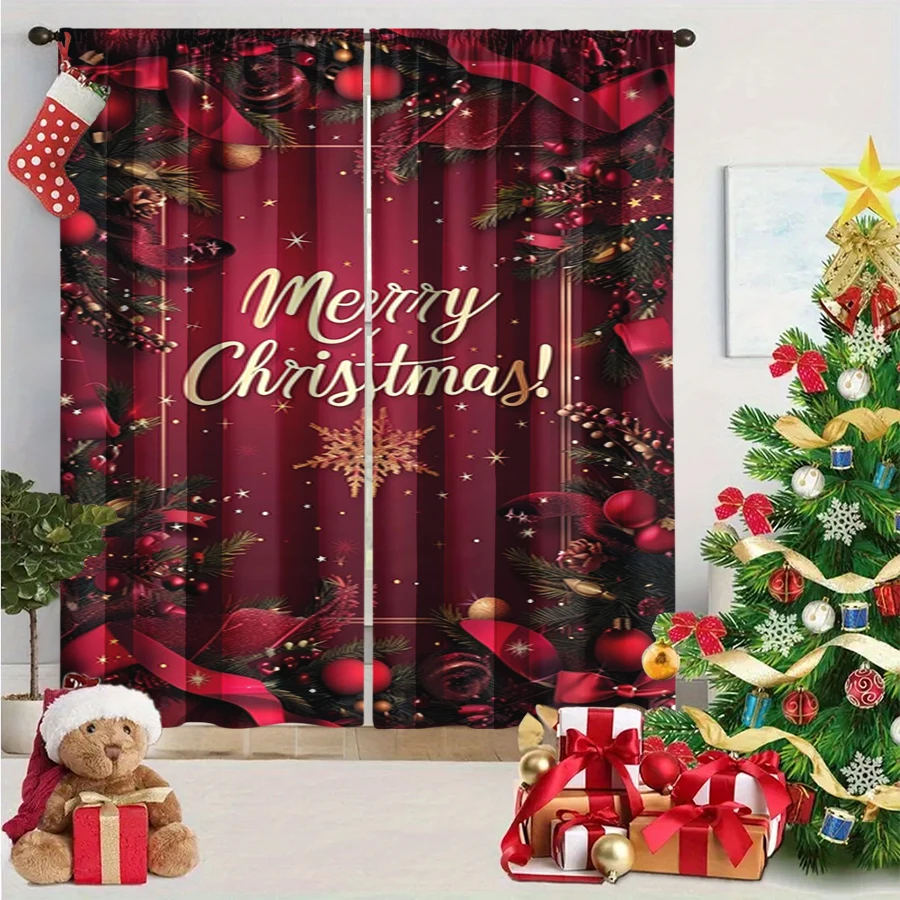 2PCS Christmas Winter Curtains, Merry Christmas Pine Branch Ball Ribbon Burgundy, Digital Print, Bedroom Living Room, Home Decor