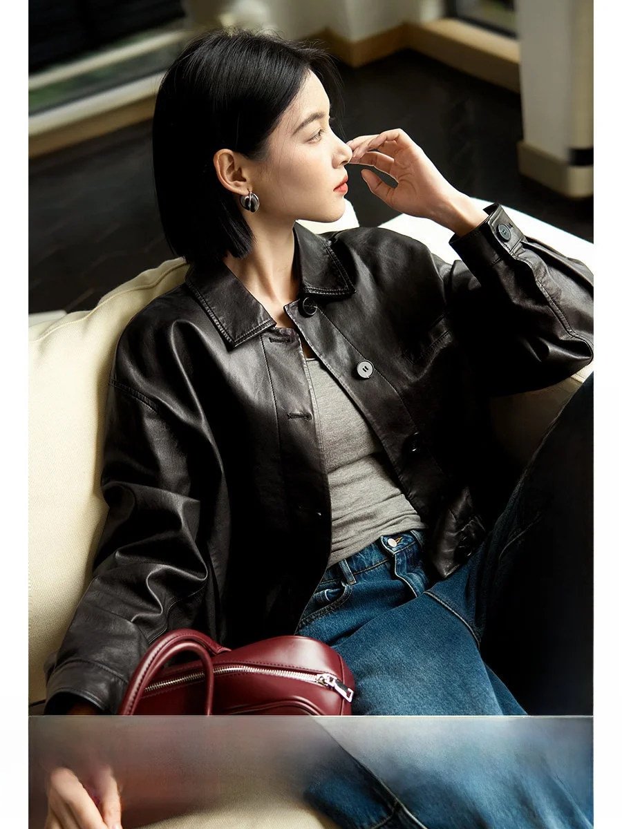

Retro Hong Kong Sle Casual Loose Elastic ort Leather Jaet Women's Autumn New Faion Warm Polyester Long Sve