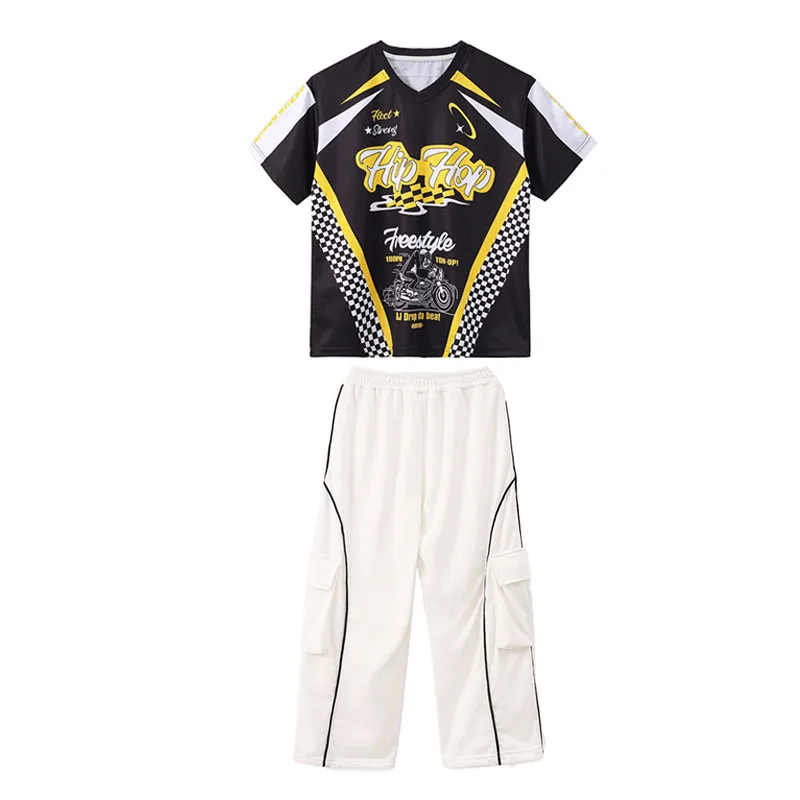 Ropa de Hip Hop para chico, camiseta con cuello en V y estampado negro, Top blanco, pantalones deportivos informales con bolsillo para niña y niño, Ropa de baile de Jazz, ropa de disfraz