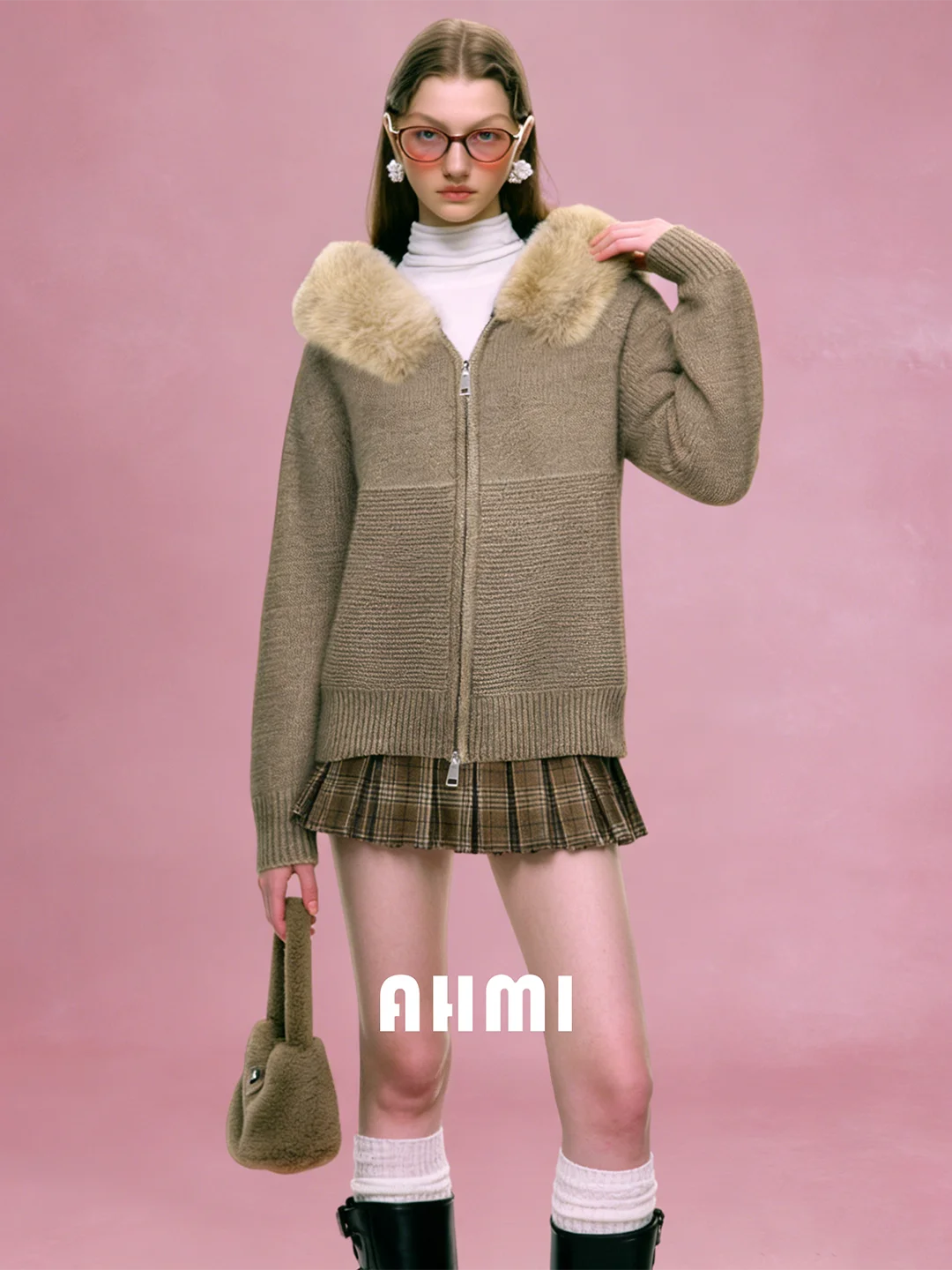 

AHMI Playful Soft Spoken Vintage Knitted Sweater with Large Fur Collar Loose Slimming Open Cardigan Coat for Women