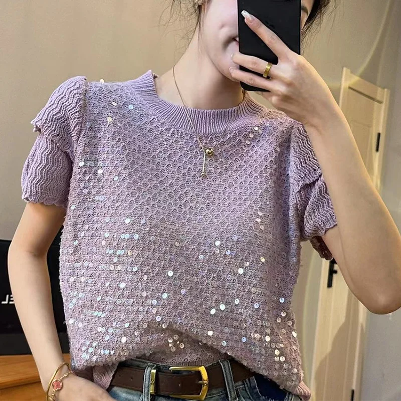 Spring Summer Round Neck Sequins Loose Casual Sweater Ladies Short Sleeve Fashion All-match Pullover Jumpers Women Knitting Top