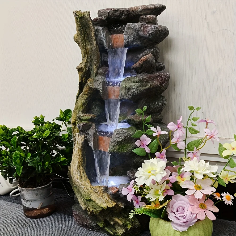 

Large Floor-Standing Fountains Indoor Resin Fountain | 25.5-Inch Stacked Rockeries with LED Lights | Multi-Color Pond Accents |