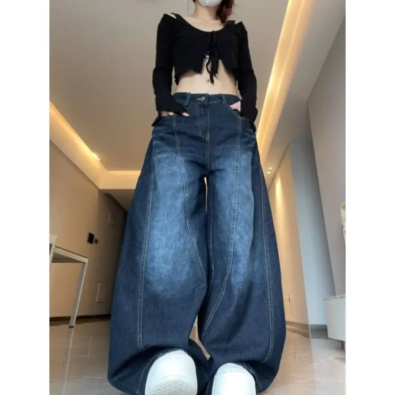 Women's Y2K Retro American High-Waisted Wide-Leg Jeans Curved Embroidery Washed Drop-Crotch Loose Trousers for Street Fashion