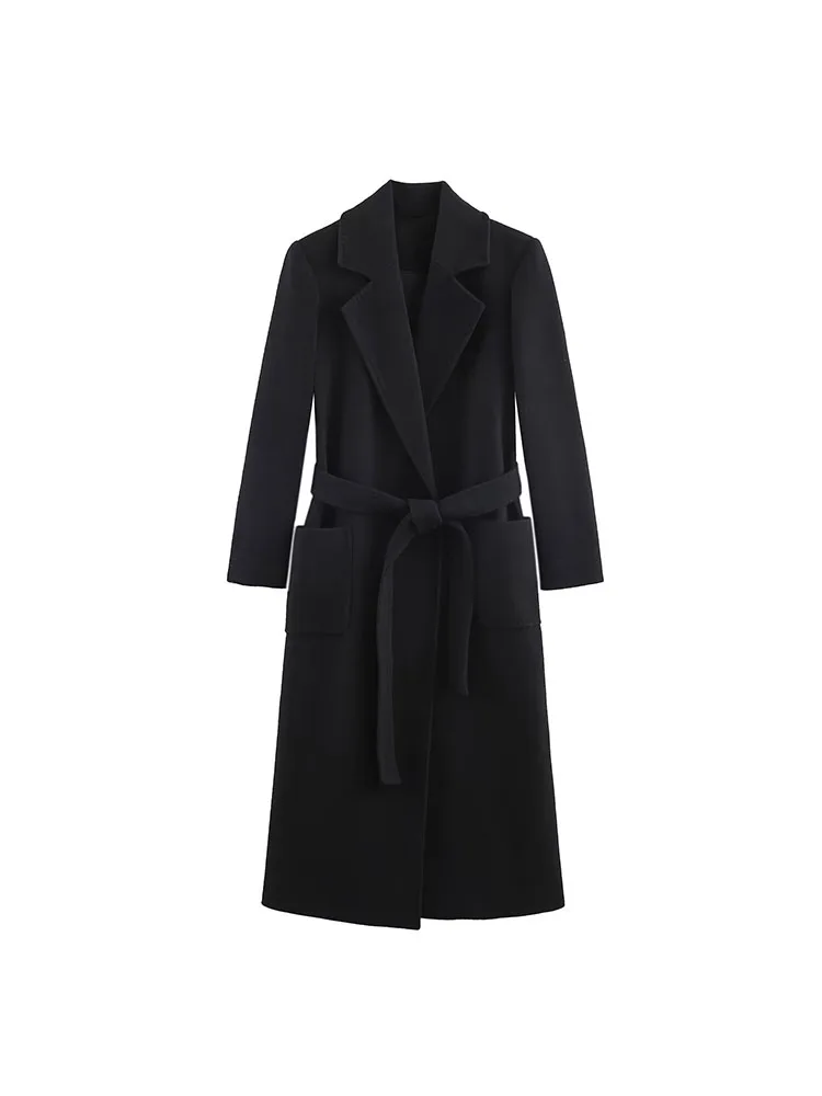 

2025 Autumn Winter Wool Blends Coats Fashion Solid Sashes Bow Pockets Female Elegant Street Woolen Outerwear Clothing
