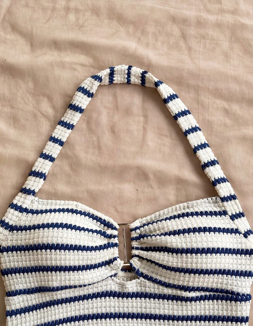 Summer Textured Knit Halter Top Shorts Two Piece Outfit, Classic Nautical Stripes Paired With Breathable Knit Fabric, Ideal For