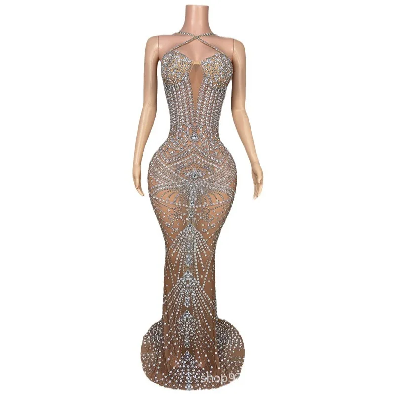 2025 Neck Bright Diamond Sexy Perspective Birthday Party Dress Catwalk Fashion Women's Music Festival Singer Performance Clothes