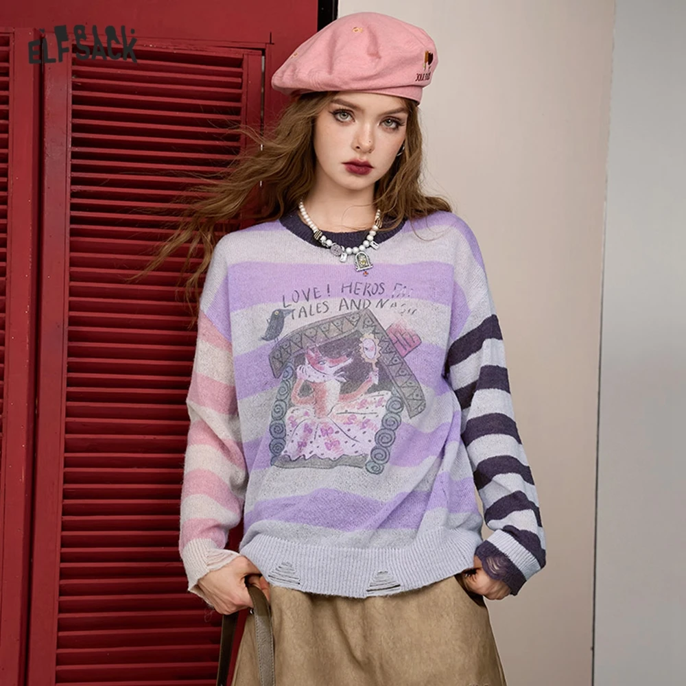 ELFSACK 2024 Autumn New Arrive Purple pullover striped contrast color fox print long sleeve slim knit sweater for women