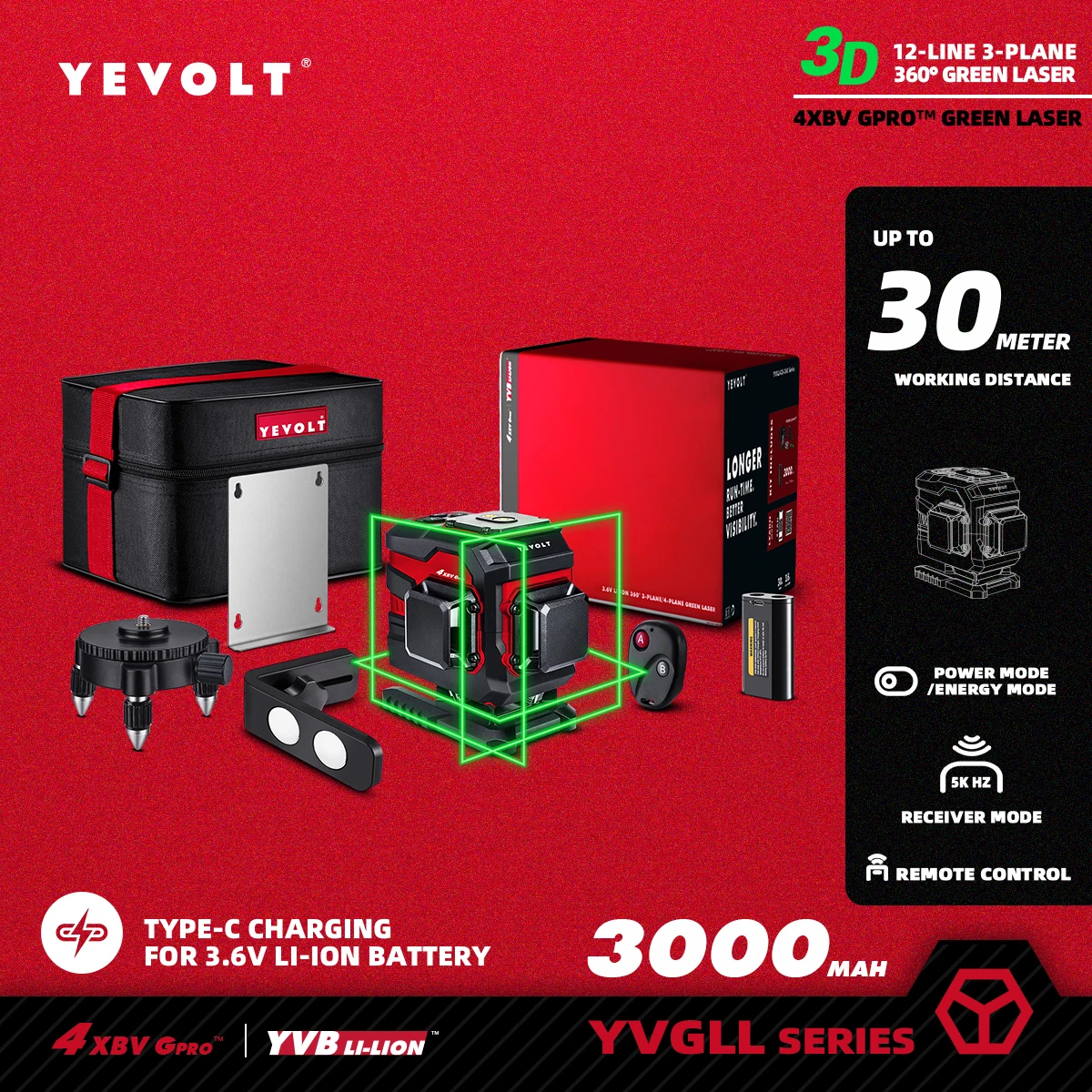 YEVOLT YVGLL4XS12TB1P Series Green Laser Level 3-Plane 12-Line Self-leveling 360 3D Horizontal & Vertical Power Measuring Tools